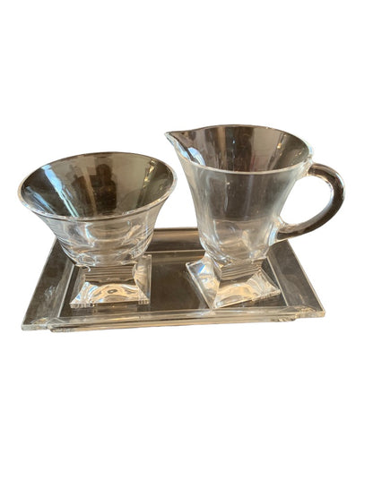 3 Piece Clear Glass Creamer and Sugar Set on Tray