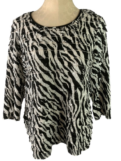 Large Elementz Women's Black White Zebra Print Ruffle Pullover Stretch Top