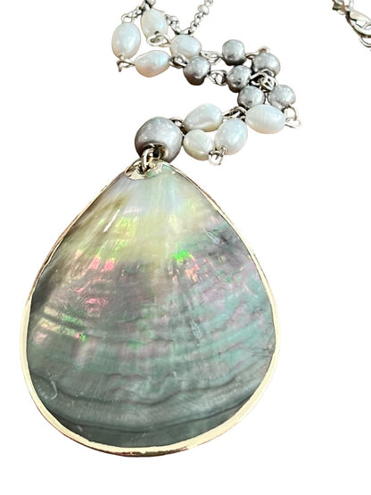 J. Jill Abalone and Pearl Pendant Mixed Metal Necklace  Long 34" + 2"