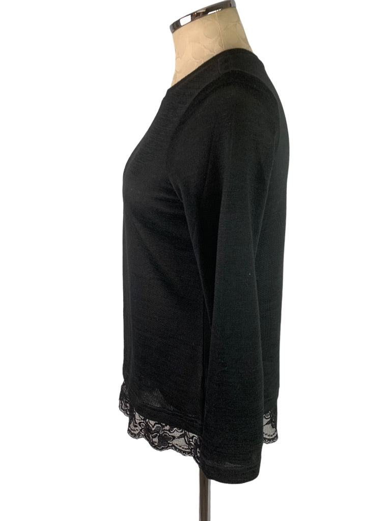 XS DG2 Diane Gilman Black Slightly Sheer Lace Hem Pullover Sweater Women's