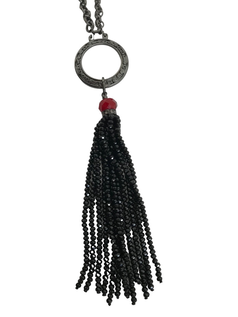 Black Beaded 35" Strand Necklace Red Accents Tassel 6.5" Dramatic