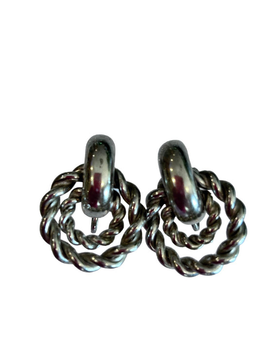 Vintage 1960s Signed Screwback Non-Pierced Silvertone Earrings Twist Circle 1.25"