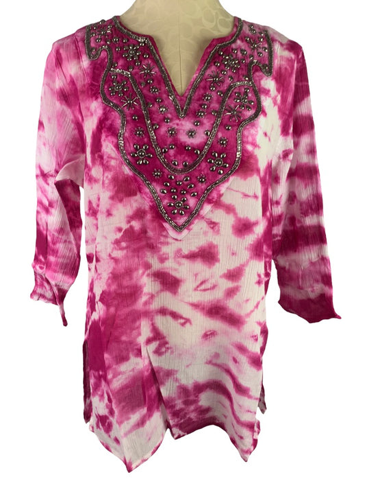 Large OSO Originals Tie Dye Fuschia Tunic New Beaded Neckline Lightweight