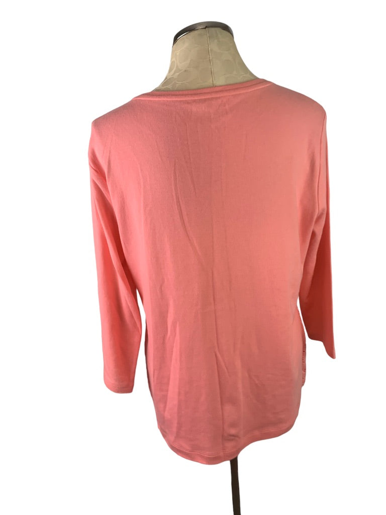 Large Petite Croft & Barrow Women's Coral Pink 3/4 Sleeve Lace Front Tshirt