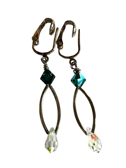 Silvertone Drop Earrings Green Clear Beaded Earrings