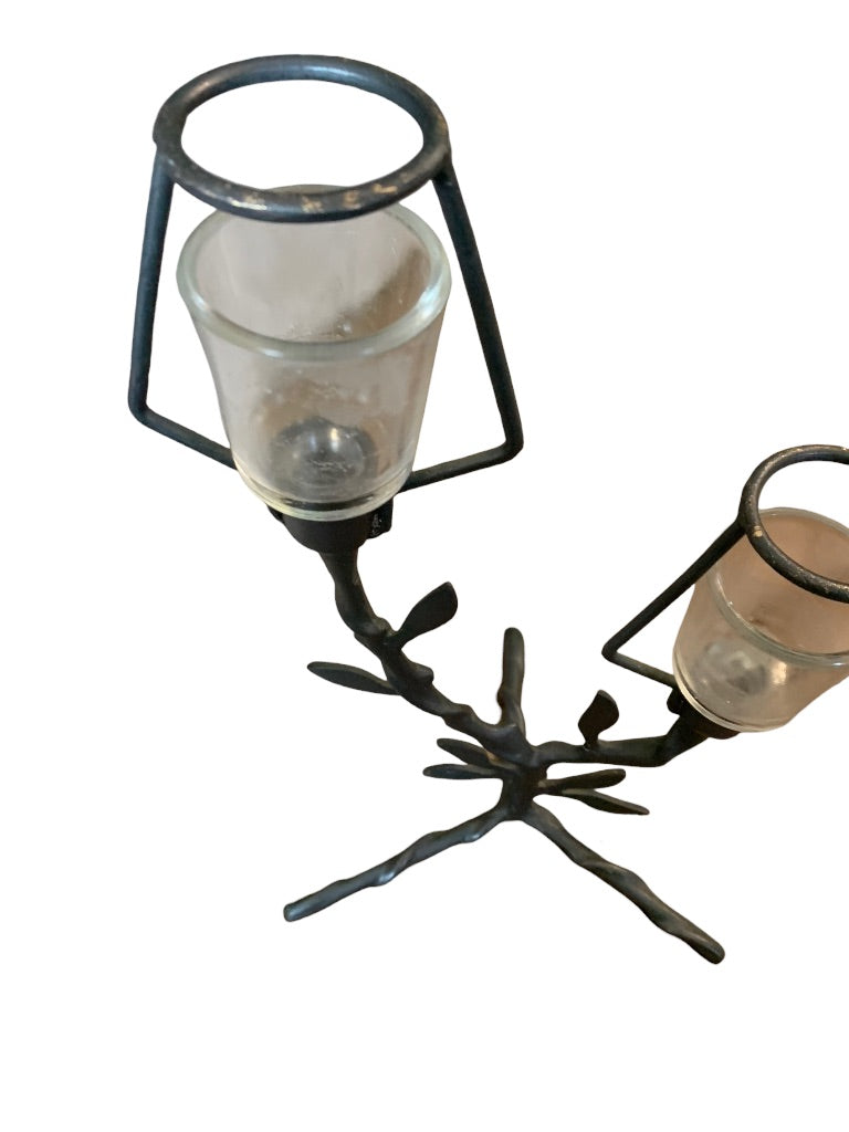 Cast Metal Tabletop 2 Candle Tea Light Holder Glass Inserts Branch Design