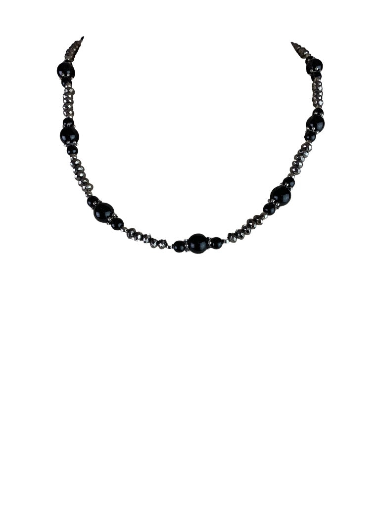 Black and Silvertone Beaded Necklace with Lobster Clasp Adjustable to 21"