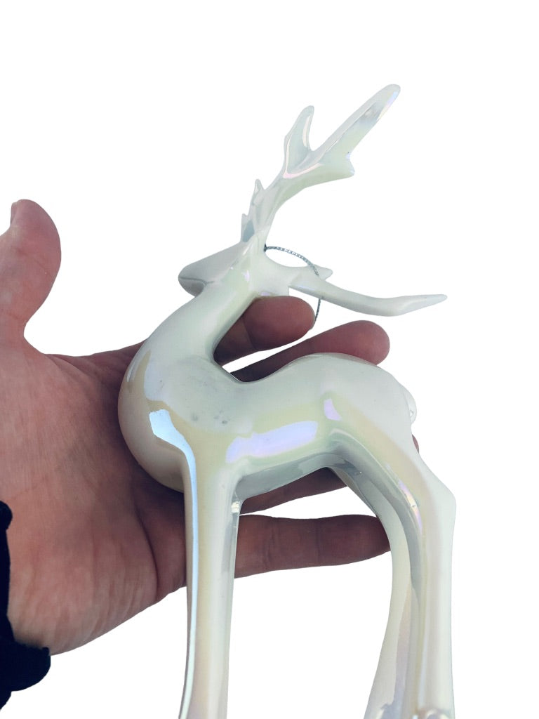 Opalescent Glass Reindeer Ornament White 7"h Ready to Hang Holiday