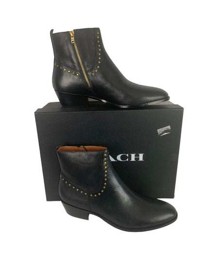 Size 11 Coach Eva Stacked Heel Women's Booties Black Leather Studded G2865