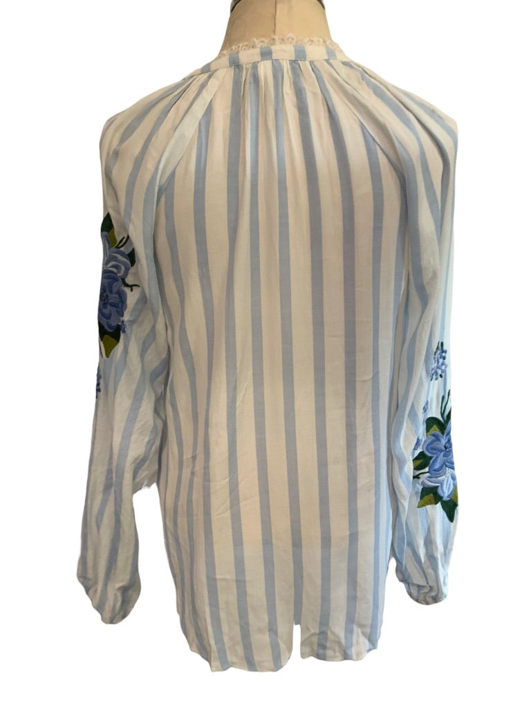 XS Akemi + Kim Anthropologie Women's Blue White Striped Embroidered Peasant Blouse