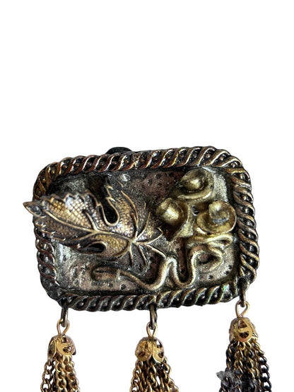 Antiqued Goldtone Rectangle Brooch Leaf and Flower Tassels 2"w x 2.75"l