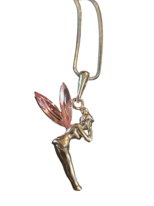 Silvertone Fairy Pendant 15.5" Chain Necklace Pink Jewel Wings 1.5" Pendant