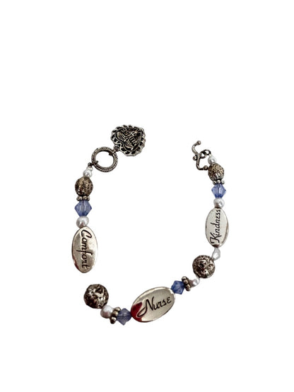 Nurse Silvertone Beaded 7.5" Bracelet Toggle Clasp Kindness Comfort