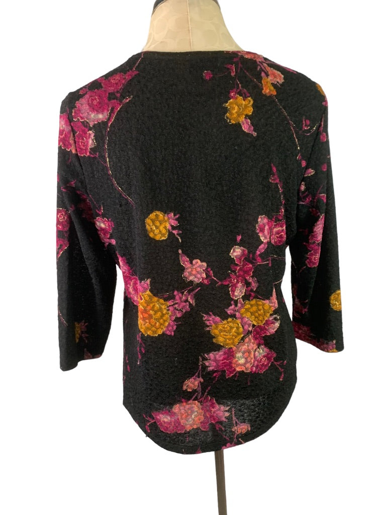 Medium Petite Alia Black Stretch Lace Floral 3/4 Sleeve Women's Top