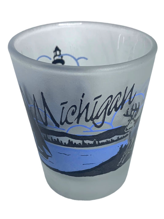 Michigan Waterfront Frosted Shot Glass 1.5 oz Blue Black