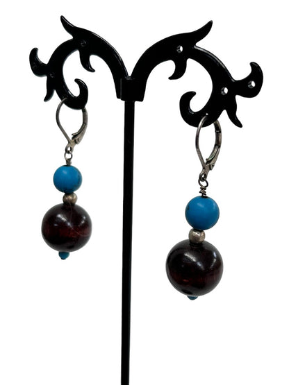 Silvertone Earrings Pierced Leverback Wood and Turquoise Beads 1.75" Drop Dangle
