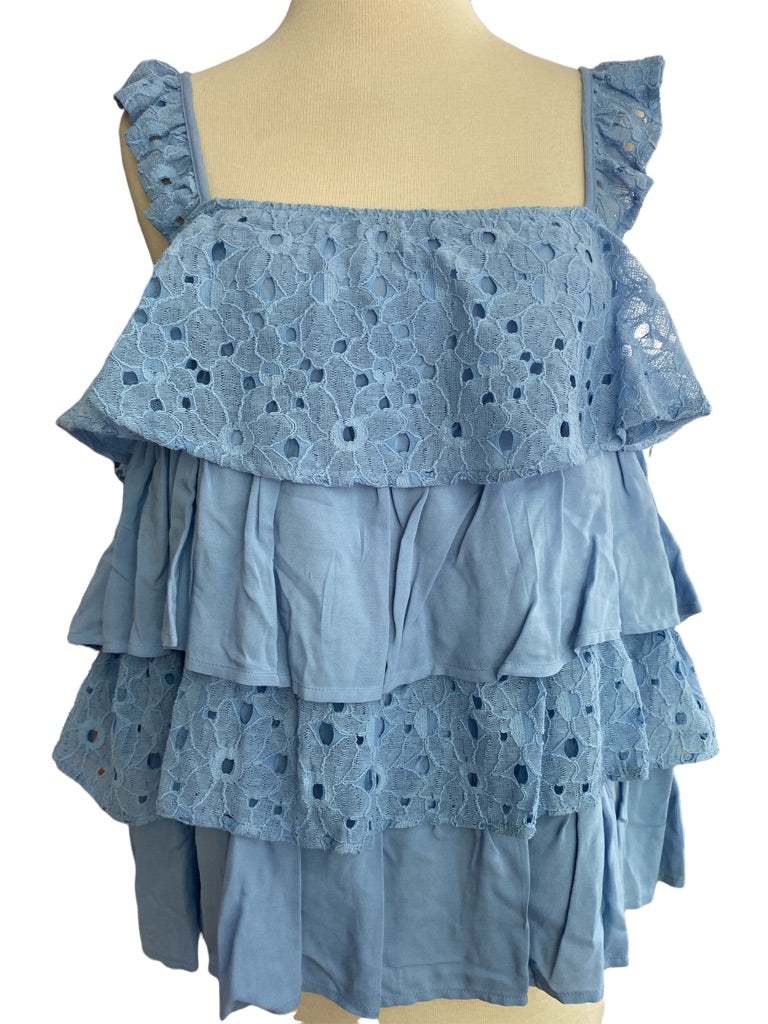 Medium J by JOA Blue Ruffled Sleeveless Blouse Eyelet Layered