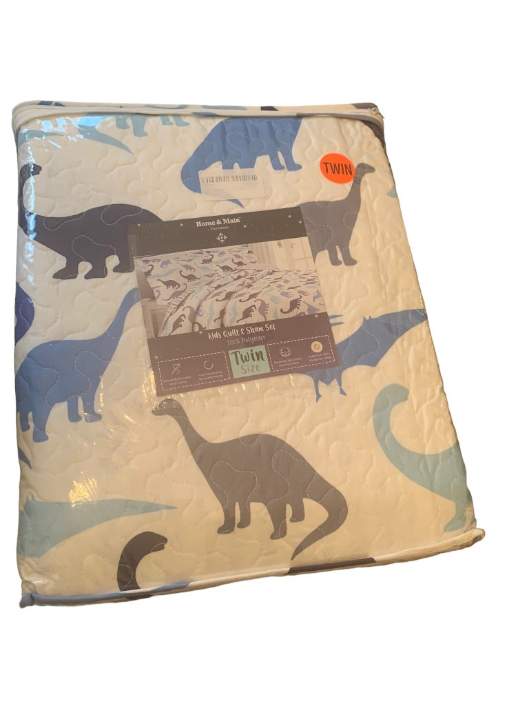 Home & Main Kids Quilt and Sham Set White Blue Dinosaur Pattern Twin Size