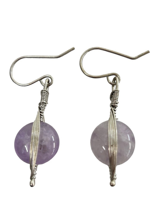 Silvertone Lavender Stone Wire Hook Earrings Pierced 1.75" Drop Dangle