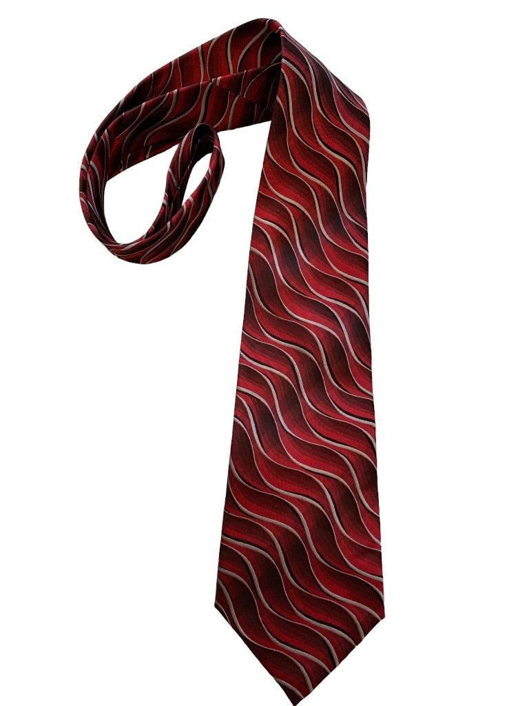 Van Heusen Men's 58" Necktie Tie 100% Silk Stain Resistant Red Gray Wave Pattern