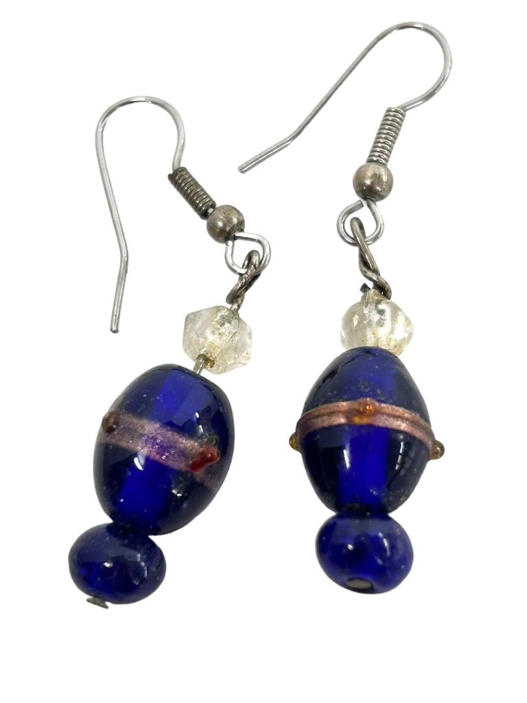 Blue Glass Beaded Earrings Pierced Hook 2" Drop Dangle Silvertone Hook
