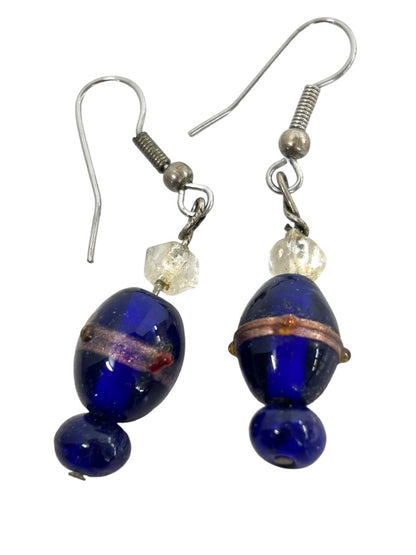 Blue Glass Beaded Earrings Pierced Hook 2" Drop Dangle Silvertone Hook