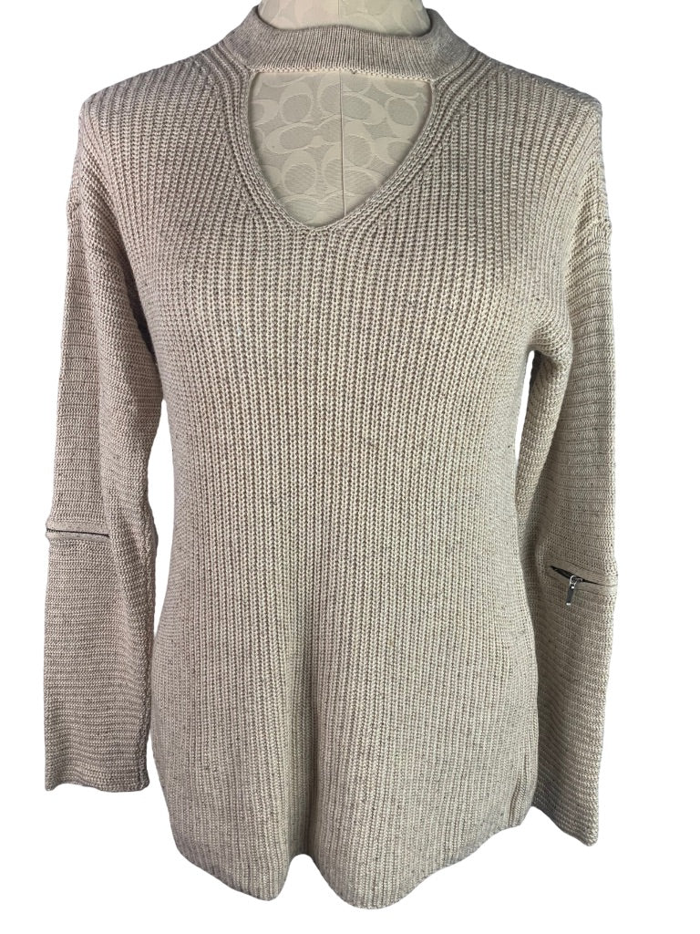 Small Neely Women's Beige Pullover Cashmere Silk Blend Sweater Arm Zipper Detail