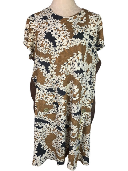 Vintage 1950s Handmade Plus Size Brown Shift Dress Floral Print Knee Length