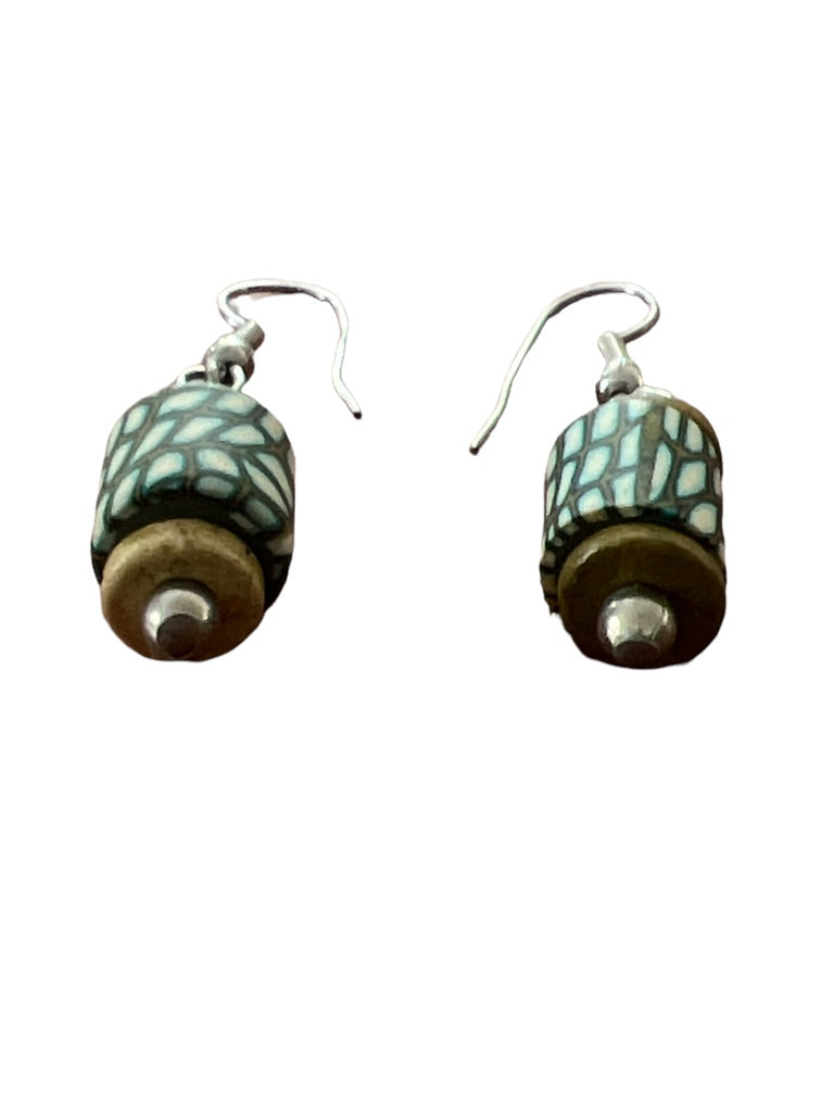 Boho Cylinder Handmade Dangle Earrings Wood Polymer Clay