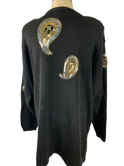 18/20 Venezia Vitale Vintage Women's Sweater Black Paisley Beaded Sequin Gold Silver