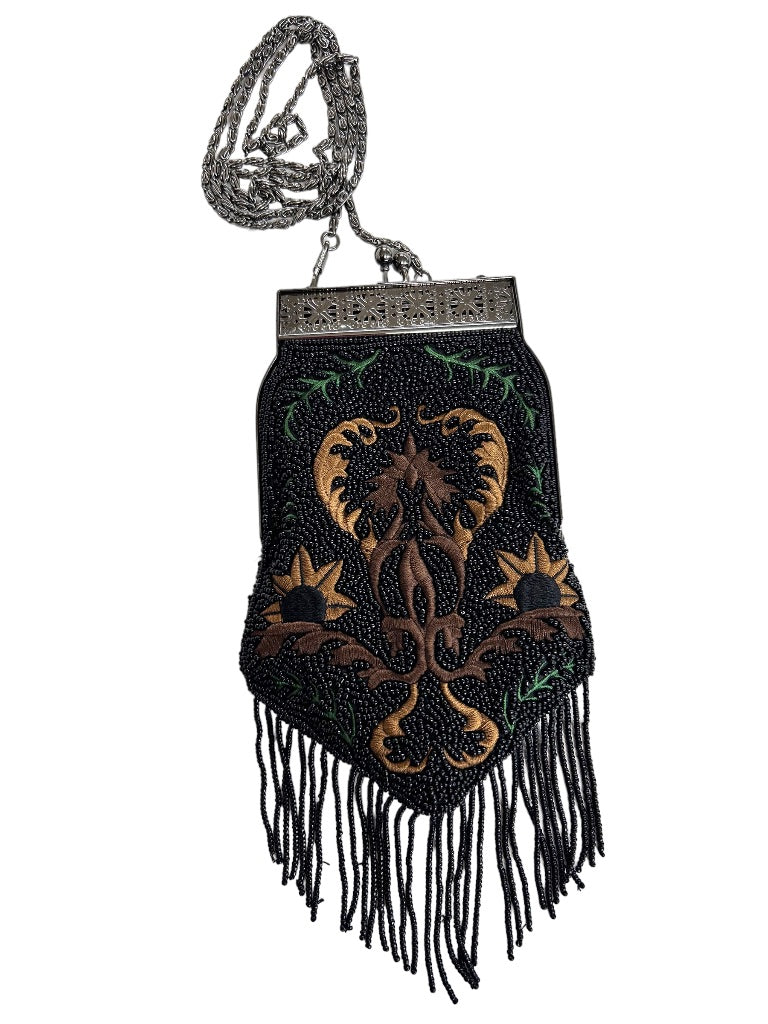 Nita Ideas Beaded Fringed Evening Bag Hinged Clasp Detachable Crossbody Chain