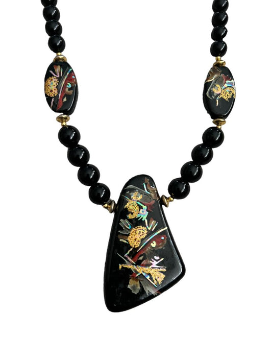 Handpainted Black Lacquer Oriental Wooden Pendant Necklace 22" Long