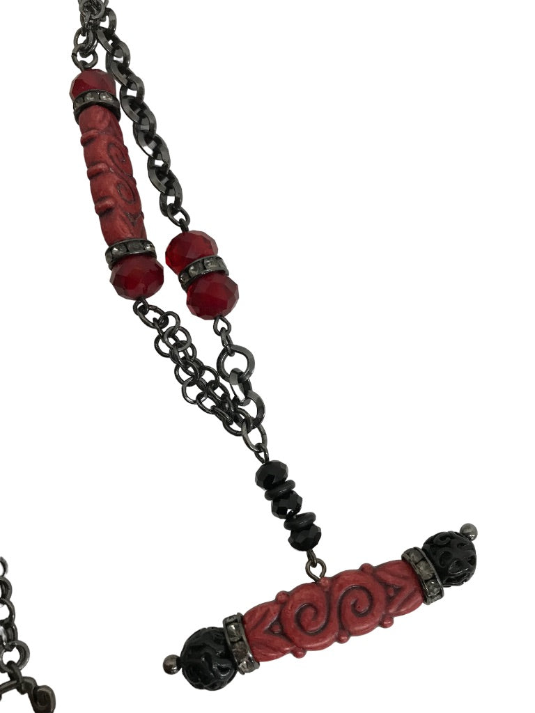 Black Beaded 35" Strand Necklace Red Accents Tassel 6.5" Dramatic