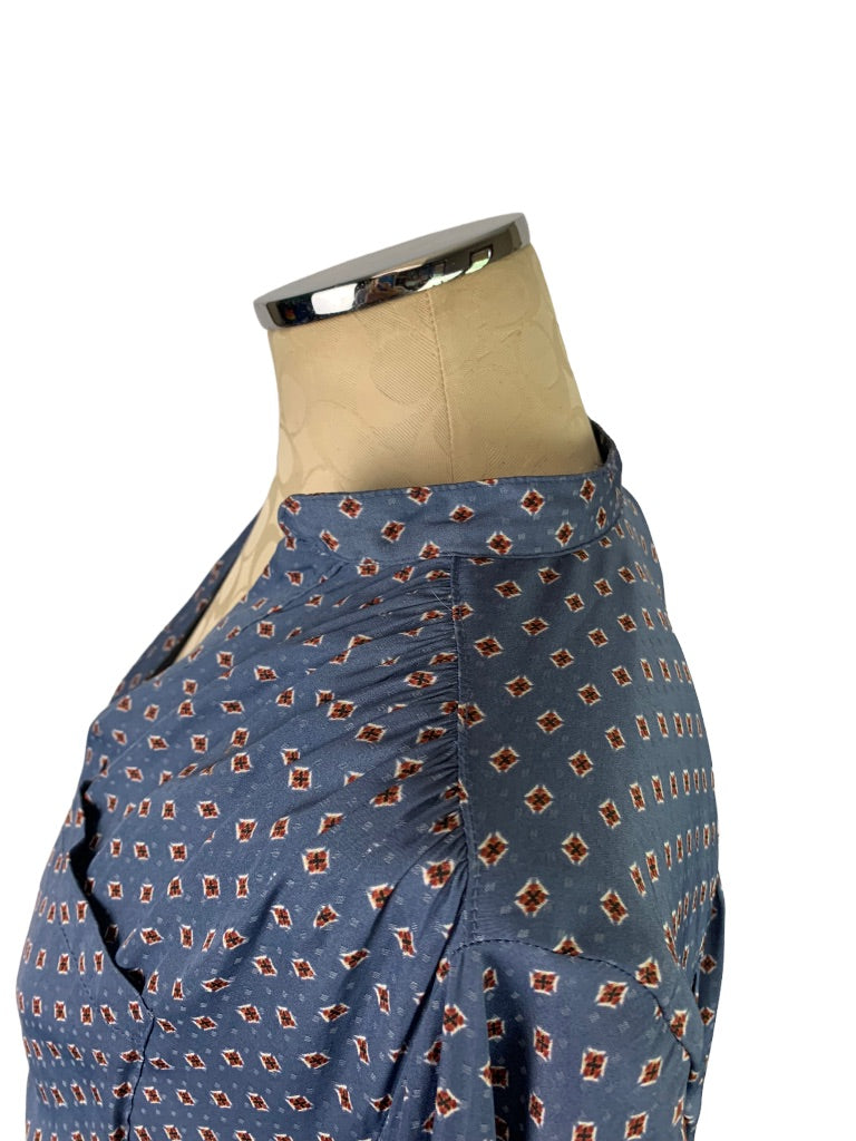 8 H&M Women's Popover Blue Ascot Print Blouse Single Pocket