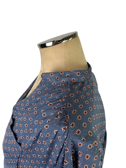 8 H&M Women's Popover Blue Ascot Print Blouse Single Pocket