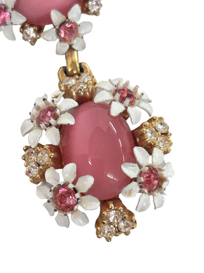 Midcentury Pendant Faux Pink Stone Enameled Daisies 2 Tier 2 Inch Drop