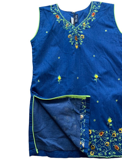 Medium Girls Brisa Blue Indian Style Top Blouse Sleeveless Embroidered Floral