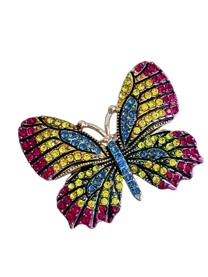 Bright Crystal Butterfly Brooch Pin Blue Yellow Red Goldtone Setting 1 7/8"