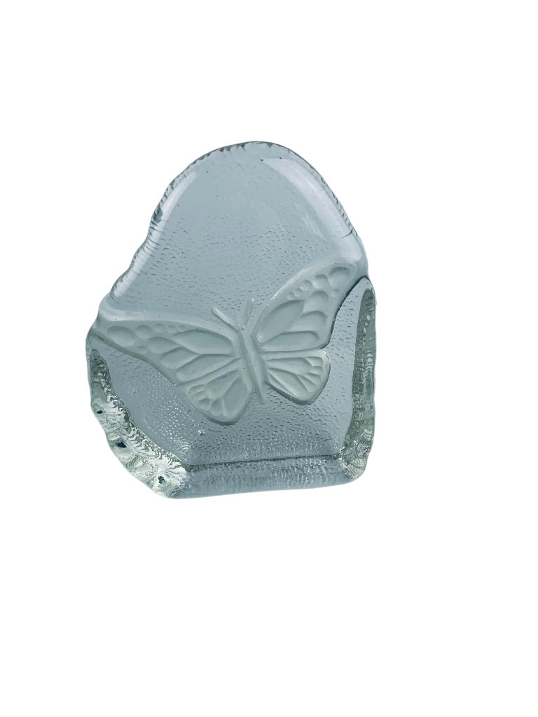 Clear Art Glass Butterfly in Stone Shape Paperweight 3.5" x 3"