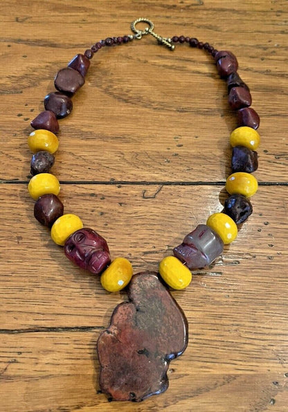 19" Handmade Skull & Sphere Center Stone Necklace Brown & Yellow Toggle