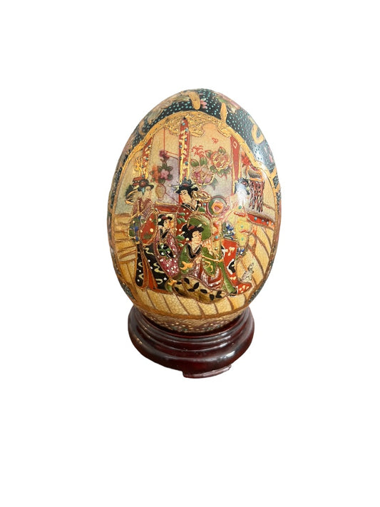 Hand Painted Satsuma Egg Gold Guild Moriage Geisha Girls Crackle Finish W/ Stand 7"