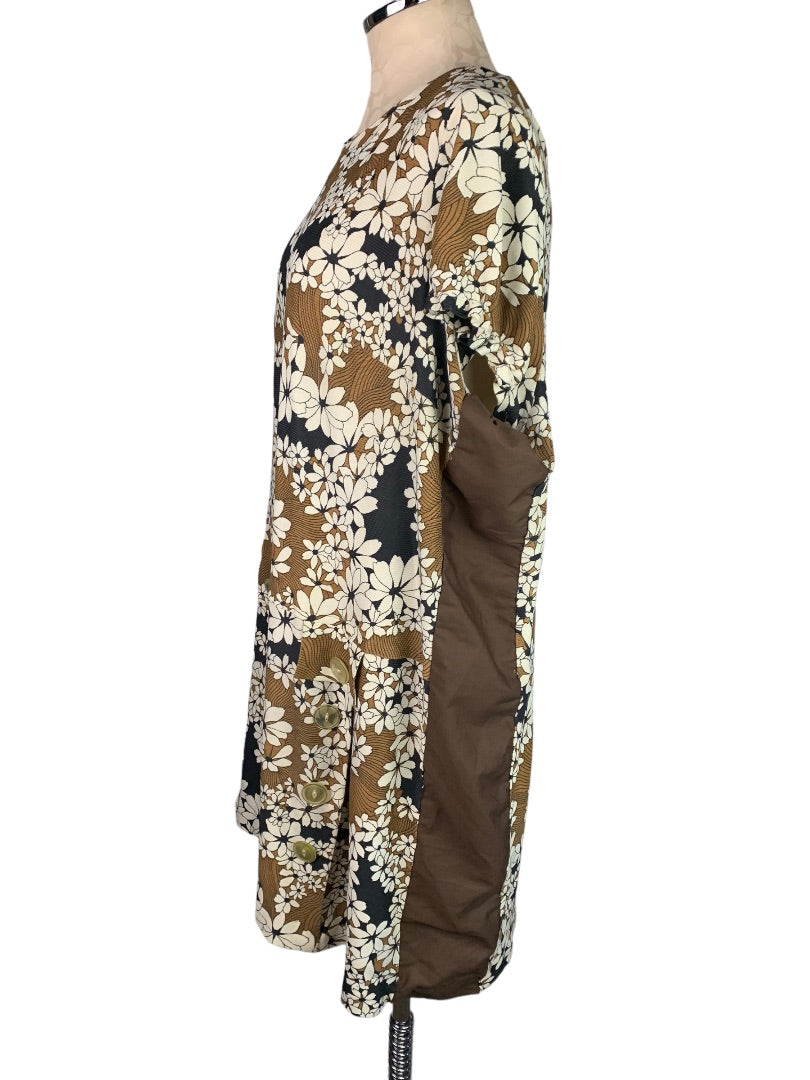 Vintage 1950s Handmade Plus Size Brown Shift Dress Floral Print Knee Length