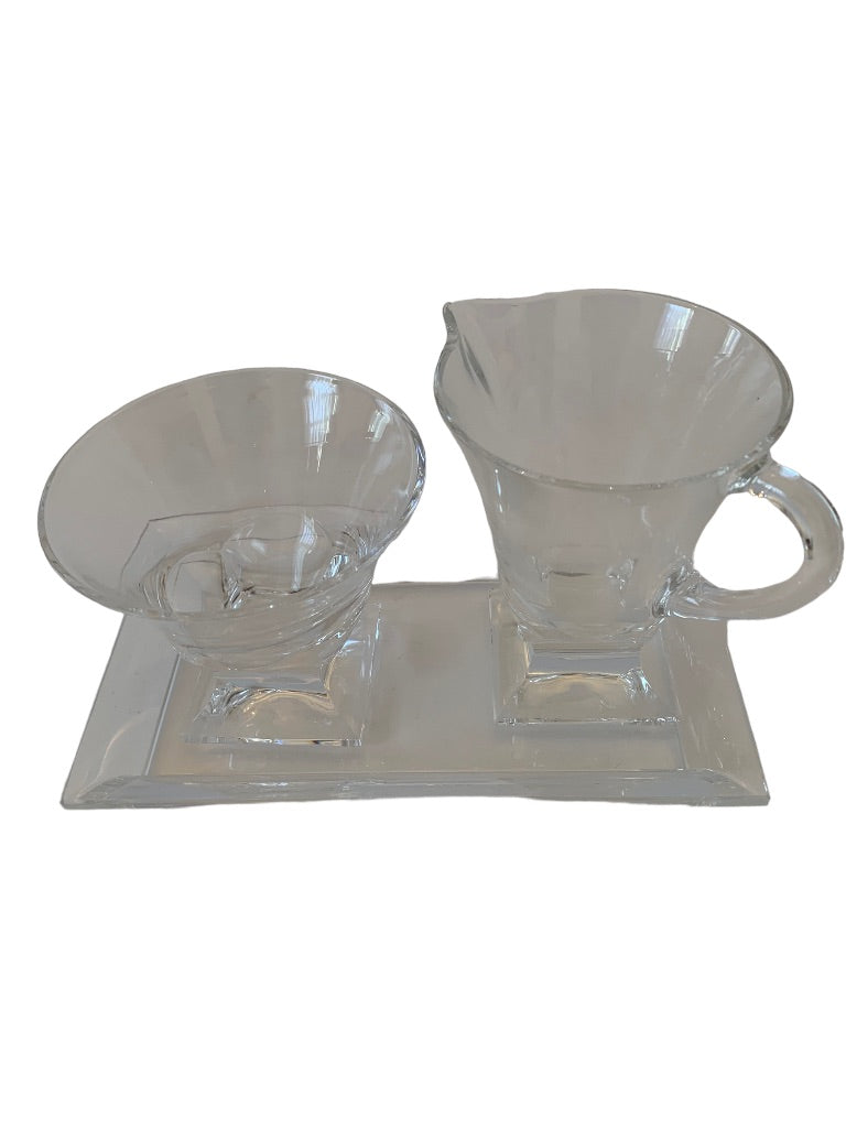 3 Piece Clear Glass Creamer and Sugar Set on Tray