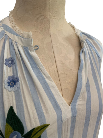 XS Akemi + Kim Anthropologie Women's Blue White Striped Embroidered Peasant Blouse