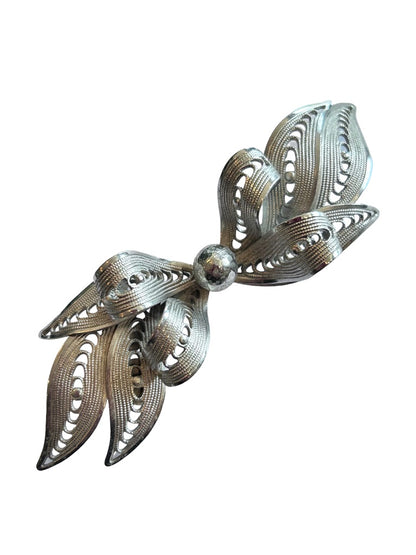 Vintage Signed Kramer Brooch Pin Silvertone Bow Filigree Ornate 3"