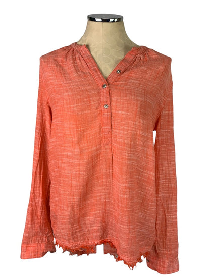 Small Caslon Women's Coral Popover Henley Blouse Slightly Sheer Raw Hem