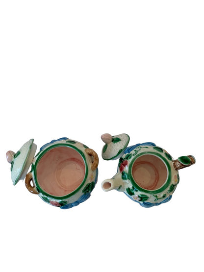 Vintage 1985 Haldon Creamer and Sugar Set Majolica Style Bow Ceramic