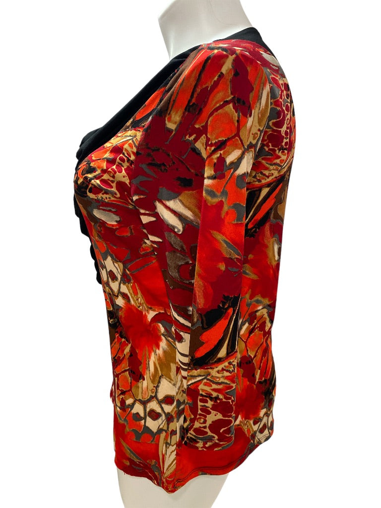 XL Cyrus Floral Red Black Drape Front Stretch Blouse NWT