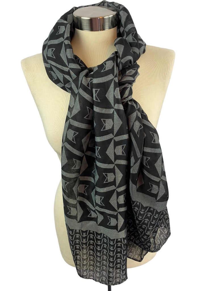 Mephisto Lightweight Black Gray Print Scarf 70 x 28"