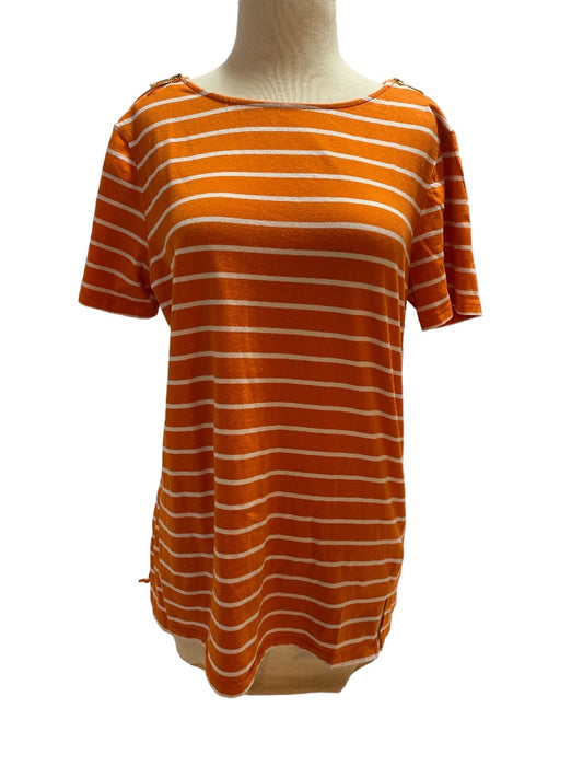 Large Michael Kors Orange and White Striped Short Sleeve Shirt Zip Shoulder